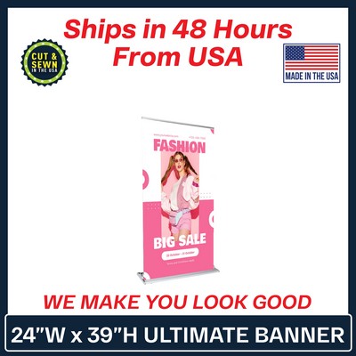 24"W x 39"H Ultimate Retractable Banner Kit (Package)-(No-Curl Hybrid Media) Printed in USA